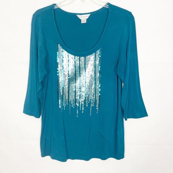 Christopher & Banks 3/4 Sleeve Sequin Blue Top Size S - Picture 1 of 11